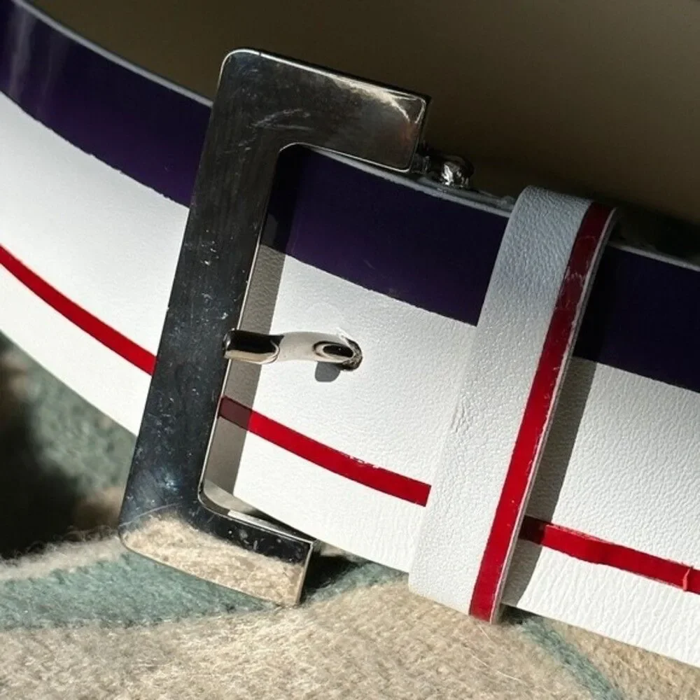 Worth New York Leather Belt Made in Italy White with Purple Red Stripes 2” Small